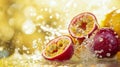 Fruits of Passion Splashing in Water Against a Light Yellow Backdrop. Juicy Delight. Fruits of Passion Background Royalty Free Stock Photo