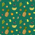 Fruits Pattern. Colorful doodle natural food elements background. Cute repeat outline illustrations with pineapple, apple, berries