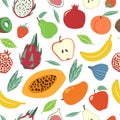 Fruits pattern. Juicy pear, apple and banana, kiwi and strawberry, peach and pomegranate natural farm product seamless