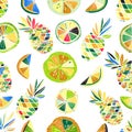 Fruits pattern with pine apple, citrus, palm leaves.