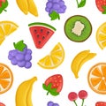 Fruits pattern. Plasticine stylized products orange strawberry cherry eating healthy fruits decent vector seamless