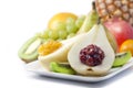 Fruits and pears with jam closeup luxury food