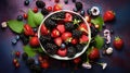 Fruits on plate healthy life, top view