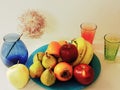 Fruits on plate still life ,aplle bananas pears photo art