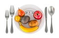 Fruits on the plate with weight scale. Diet meal concept. 3D rendering Royalty Free Stock Photo