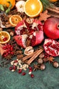 Fruits pomegranate orange spices ingredients mulled wine