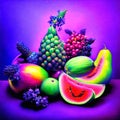 Fruits on a purple background. Multicolored fruits on a purple background. Generative AI