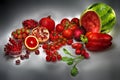 Fruits red colored shining in the dim light of dark gray background