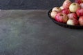 Fruits -rustic apples on a platter on a dark background