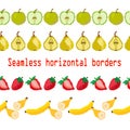 Fruits. Seamless borders stripe apple, pear, strawberry, banana. Pixel. Vector. embroidery Royalty Free Stock Photo