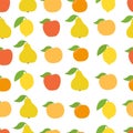 Fruits seamless pattern background. Apple, peach and lemon mandarin and pear. Vector fullcolor illustration