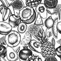 Fruits seamless pattern background design. Engraved style. Hand drawn bananas, kiwi etc. Royalty Free Stock Photo