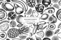 Fruits seamless pattern background design. Engraved style. Hand drawn bananas, pears, kiwi etc. Royalty Free Stock Photo