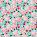 Fruits seamless pattern. Pears, cherry, grapefruit, and blossom. Romantic bright background for textile, fabric Royalty Free Stock Photo