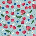 Fruits seamless pattern. Strawberry, cherry, and blossom. Romantic vintage background for textile, fabric, decorative Royalty Free Stock Photo