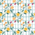 Fruits seamless pattern on stripe background. Funny sweet garden fruits on white background