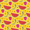 Fruits seamless pattern with watermelon, banana and strawberry. Summer wrapping paper. Textile fruit print. Baby wallpaper pattern