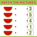 Fruits set Educational counting game for kids. Count how many seeds are in a watermelon slice. Math worksheet for preschoolers. Royalty Free Stock Photo