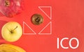 Fruits set and golden bitcoin placed in the center of geometric figures and the text with letters ICO