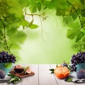 Fruits set, green grape leaves and white wooden table board against greenery foliage background