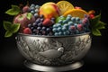 Fruits of several kinds, arranged in a steel bowl