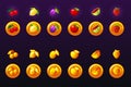 Fruits slots icon set. 2d game golden coin icon. Game casino, slot, UI.