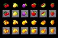 Fruits slots icon set on stone square. Game casino, slot, UI.