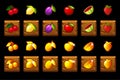 Fruits slots icon set on wooden square. Game casino, slot, UI.