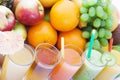 Fruits smoothies, summer cool drinks top view macro