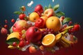 Fruits soaring through the air, a playful and gravity free scene