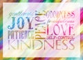 Fruits of the Spirit in elegant typography against a rainbow colored background