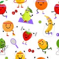 Fruits sportsman seamless pattern. Sport fruits characters. Healthy eating. Summer seamless vector pattern background