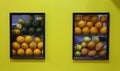 Fruits stacked in glass shelf at juice center or restaurant Royalty Free Stock Photo