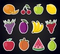 fruits, stickers set. apple, grape, peach, lemon, pear, plum, orange, cherry, banana, watermelon. healthy food, fruits Royalty Free Stock Photo