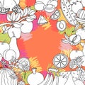 Fruits, summer concept for greeting card, square poster, harvest festival. Frame with hand drawn in sketch style. Square