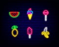 Fruits and sweets neon icons collection. Ice cream and lollipop. Lemon, banana and watermelon. Vector illustration Royalty Free Stock Photo