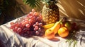 Fruits on table. Pineapple, grapes, bananas and oranges. Beautiful sunny day. AI Generated Royalty Free Stock Photo