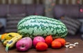 Fruits on the table, watermelon, apple, banana