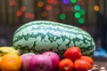 Fruits on the table, watermelon, apple, banana