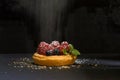 delicious fruits tartlet with fresh raspberries, blueberries and ment decorated powdered sugar on black background