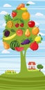 Fruits tree vertical banner, cartoon style