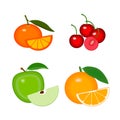 Fruits vector collections. Set of full and half fruits are apple, orange, cherries and tangerine. Illustration isolated