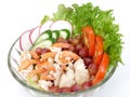 fruits and vegetable salad with shrimp and chicken