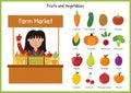 Fruits and vegetables set. Farm market collection. A stand with a cute girl selling fruits Royalty Free Stock Photo