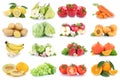 Fruits and vegetables background collection isolated on white with apple tomatoes orange fresh fruit Royalty Free Stock Photo