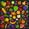 Fruits and vegetables background. Organic and healthy food. Flat