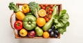 Fruits and vegetables in a basket on a white background, top view Royalty Free Stock Photo