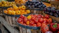 fruits and vegetables in baskets on a table at a farmer market Royalty Free Stock Photo