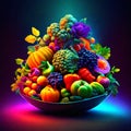 Fruits and vegetables in a bowl on a dark background. Multicolored fruits and vegetables. Generative AI