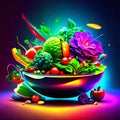 Fruits and vegetables in a bowl on a dark background. Vector illustration. Generative AI Royalty Free Stock Photo